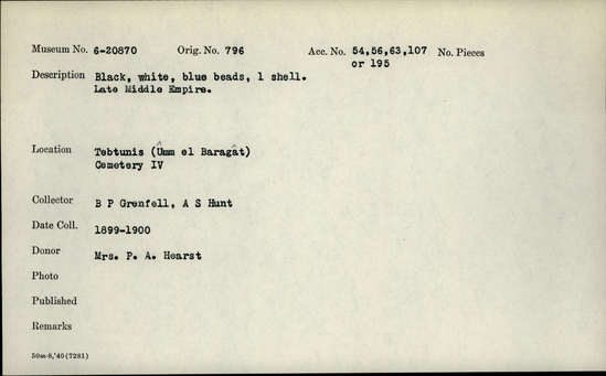 Documentation associated with Hearst Museum object titled Beads, accession number 6-20870, described as black, white, blue beads, one shell. Late Middle Empire