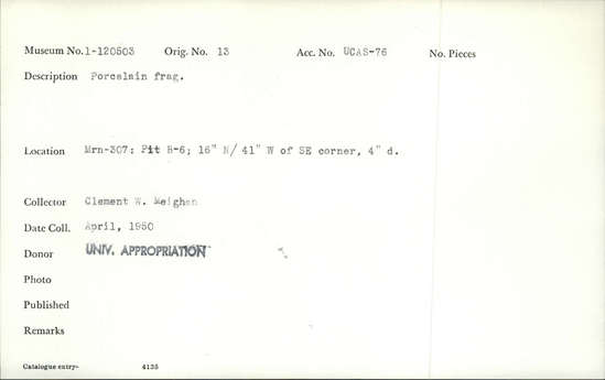Documentation associated with Hearst Museum object titled Porcelain fragment, accession number 1-120503, described as Porcelain fragment. Notice: Image restricted due to its potentially sensitive nature. Contact Museum to request access.