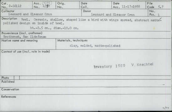 Documentation associated with Hearst Museum object titled Bowl, accession number 2-66112, described as Ceramic, shallow, shaped like a bird with wings spread, abstract matte-polished design on inside of bowl. Molded.