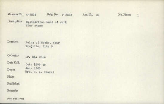 Documentation associated with Hearst Museum object titled Bead, accession number 4-2523, described as Cylindrical bead of dark blue stone.