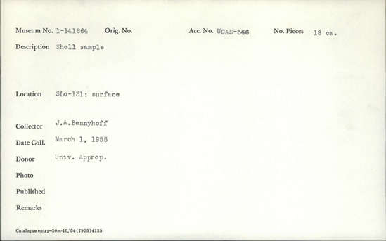 Documentation associated with Hearst Museum object titled Shell sample, accession number 1-141664, described as Shell.-
