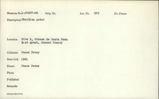 Documentation associated with Hearst Museum object titled Point, accession number 1-22660, described as Obsidian point