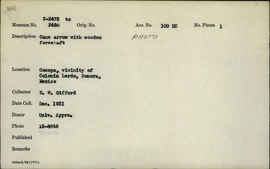 Documentation associated with Hearst Museum object titled Arrows, accession number 3-2479, described as Cane arrow with wooden foreshaft.