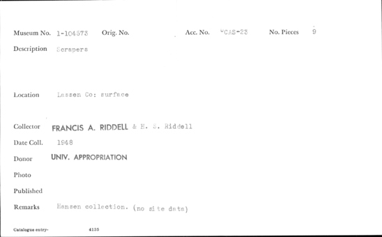 Documentation associated with Hearst Museum object titled Scrapers, accession number 1-104573, described as Scrapers.