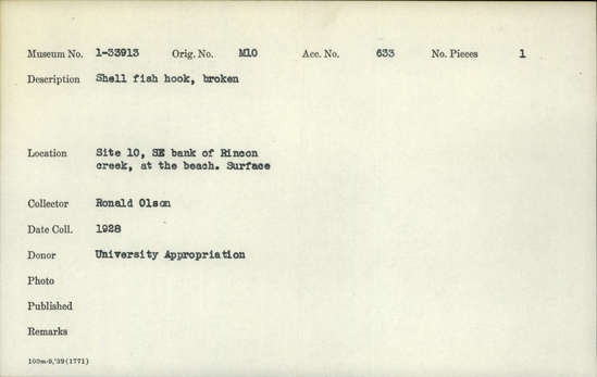 Documentation associated with Hearst Museum object titled Fishhook, accession number 1-33913, described as Shell fishhook, broken