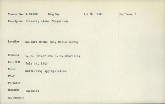 Documentation associated with Hearst Museum object titled Sinkers and stone fragments, accession number 1-54225, described as Sinkers, stone fragments. Notice: Image restricted due to its potentially sensitive nature. Contact Museum to request access.