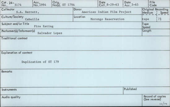 Documentation associated with Hearst Museum object titled Audio recording, accession number 24-3174, described as Cahuilla Fire eating