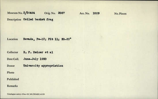 Documentation associated with Hearst Museum object titled Basket fragment, accession number 2-26464, described as Coiled basket fragment