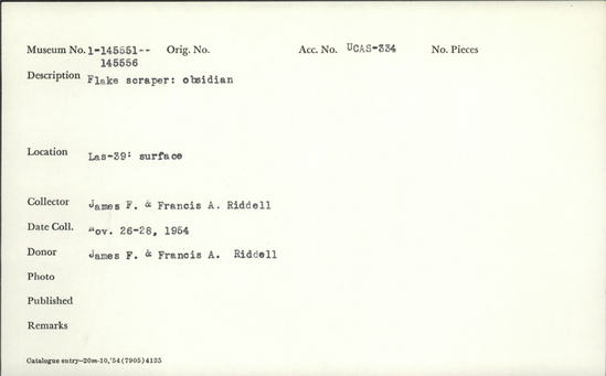 Documentation associated with Hearst Museum object titled Flake scraper, accession number 1-145551, described as Flake scraper: obsidian.