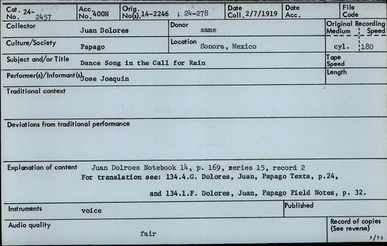 Documentation associated with Hearst Museum object titled Audio recording, accession number 24-2457, described as Dance Song in the Call for Rain Notebook 14, p.169 Series 15, Record 2