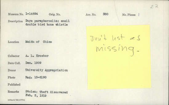 Documentation associated with Hearst Museum object titled Whistle, accession number 1-14694, described as Duye paraphernalia, small double bird bone whistle.