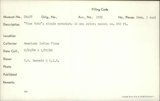 Documentation associated with Hearst Museum object titled 16mm color film with sound, accession number 26-37, described as Pine Nuts", single sprocket, 16mm, color, sound; ca. 450' Notice: Image restricted due to its potentially sensitive nature. Contact Museum to request access.