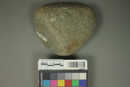 Hearst Museum object titled Hammerstone, accession number 2-36978, described as Irregular biface mano; rounded by pecking, sandstone