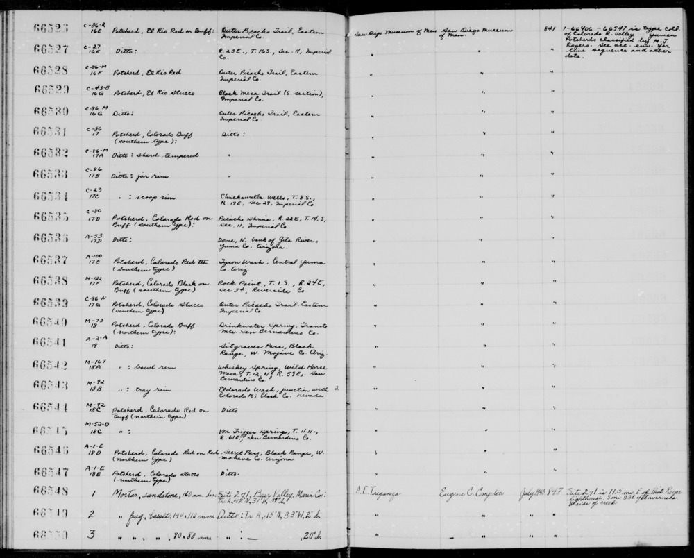 Documentation associated with Hearst Museum object titled Potsherd, accession number 1-66534, described as Colorado Buff, (southern type), scoop rim.