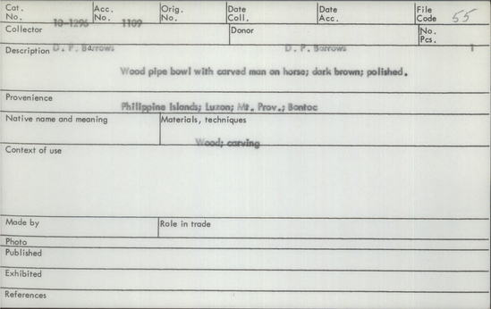 Documentation associated with Hearst Museum object titled Pipe bowl, accession number 10-1296, described as Wooden pipe bowl with carved man on horse; dark brown; polished.