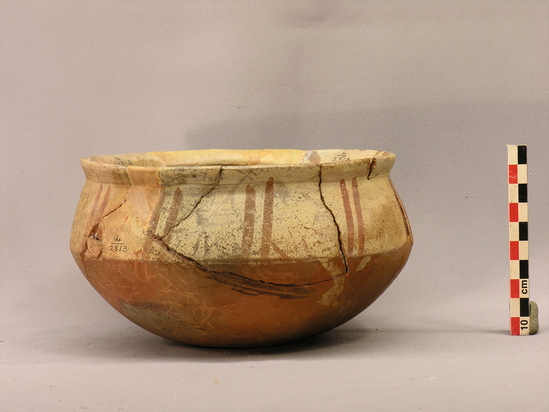 Hearst Museum object 3 of 7 titled Broken bowl, accession number 4-2813, described as Bowl of red pottery, white shoulder painted with pairs of red lines. Broken