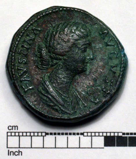 Hearst Museum object titled Coin: æ sestertius, accession number 8-4030, described as Coin; AE; Sestertius; Roman. Marcus Aurelius (Faustina II), A.D. 161-176. Rome, Italy. Obverse: FAVSTINA AVGVSTA, bust r. Reverse: MATRI MAGNAE, S C in ex. Cybele enthroned r. lions to right and left.