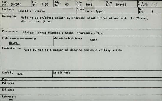 Documentation associated with Hearst Museum object titled Walking stick, accession number 5-6946, described as Walking stick/club; smooth cylindrical stick flared at one end; L. 74 cm; dia. at head 5 cm.