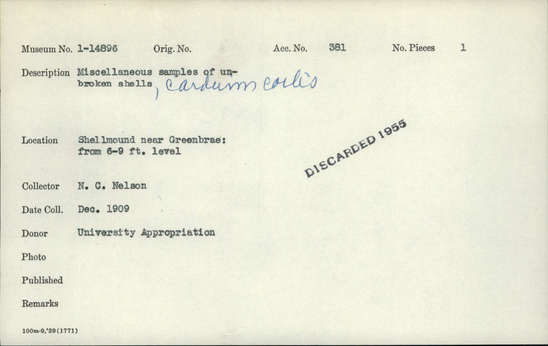 Documentation associated with Hearst Museum object titled Shell sample, accession number 1-14896, described as Miscellaneous samples of unbroken shells. Cardium corbis (=Clinocardium nuttallii). Notice: Image restricted due to its potentially sensitive nature. Contact Museum to request access.