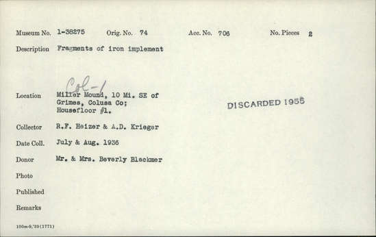 Documentation associated with Hearst Museum object titled Implement fragments, accession number 1-38275, described as Iron.
