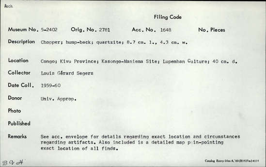 Documentation associated with Hearst Museum object titled Chopper, accession number 5-2402, described as Chopper; hump-back; quartzite