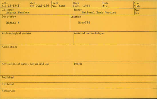 Documentation associated with Hearst Museum object titled Human remains, accession number 12-8746(0), described as Remains of one young adult (25 year old) male.