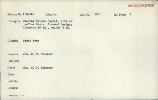 Documentation associated with Hearst Museum object titled Basket, accession number 1-28459, described as Overlay twined basket, shallow. Yellow bands, diamond design.