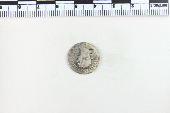 Hearst Museum object 7 of 8 titled Coin: æ denarius, accession number 8-5926, described as Coin: Denarius; (AR?) Æ; Titus - 2.64 grams. Rome, 80 AD. Obverse:  CAESAR DIVI F DOMITIANVS COS VII (line over VII) - Domitian head laureate, facing right. Reverse: PRINCEPS IVVENTVTIS - lighted altar.