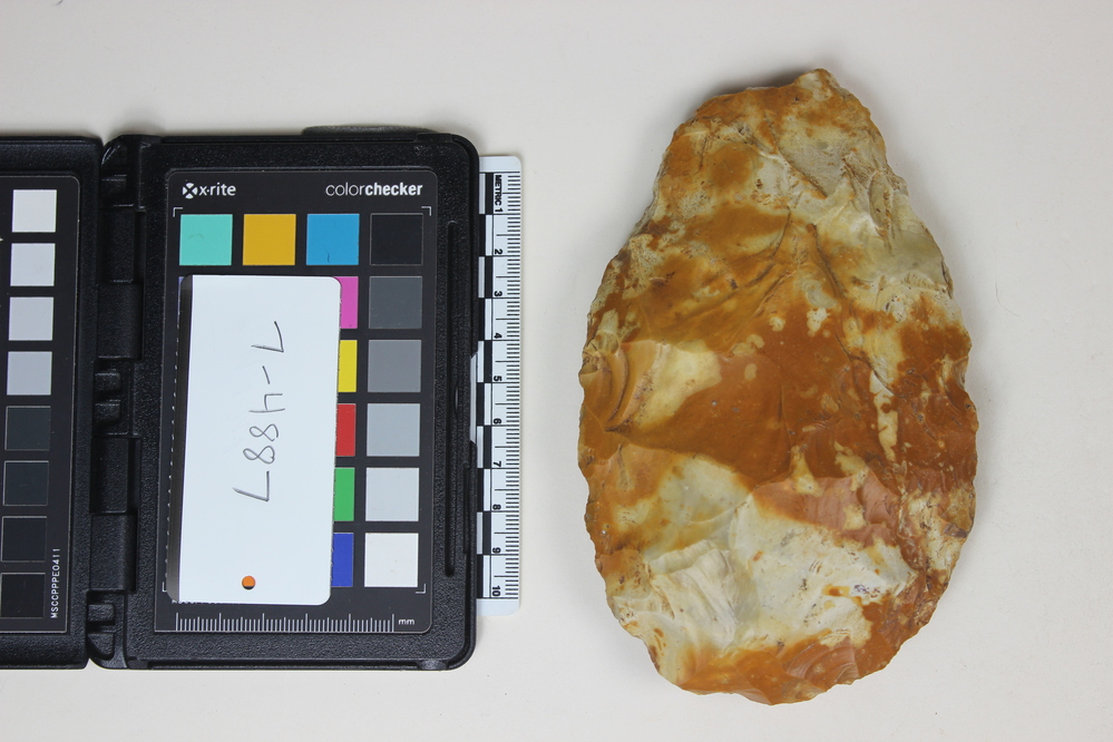 Hearst Museum object titled Handaxe, accession number 7-4887, described as Acheulian Ovate; light to dark brown flint