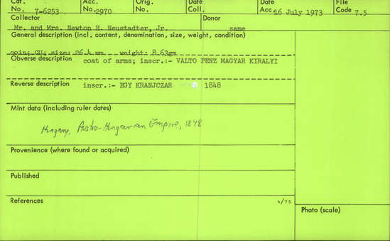 Documentation associated with Hearst Museum object titled Coin, accession number 7-6253, no description available.