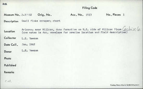 Documentation associated with Hearst Museum object titled Flake, accession number 2-37002, described as Small flake scraper; chert