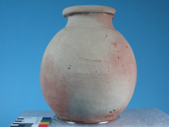 Hearst Museum object 74 of 85 titled Broken jar, accession number 6-5740, described as Pottery: smooth pinkish globose jar, rim broken