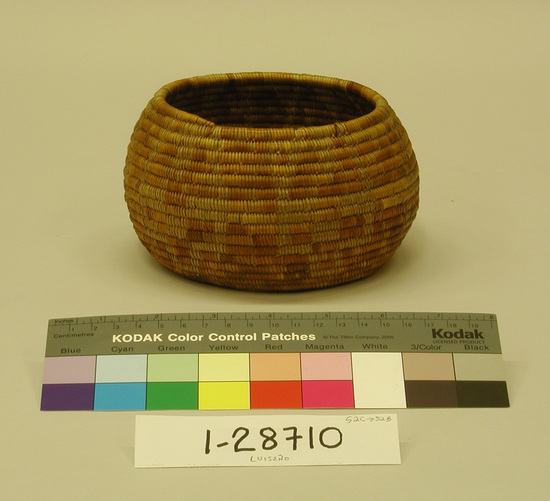 Hearst Museum object titled Bowl basket, accession number 1-28710, described as Small, coiled basketry bowl.  Brown design.