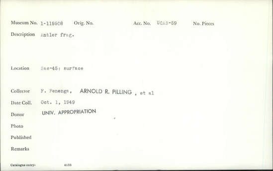 Documentation associated with Hearst Museum object titled Mammal bone, accession number 1-119508, described as Antler fragment