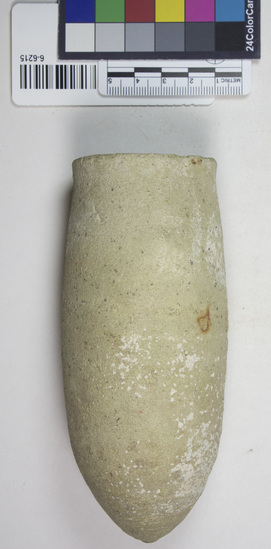 Hearst Museum object 4 of 6 titled Beer cup, accession number 6-6215, described as Pottery: deep pointed bottomed buff cup, largest diameter: 5, greatest depth: 6.5, height: 13 cm