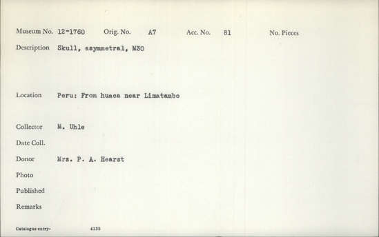 Documentation associated with Hearst Museum object titled Human remains, accession number 12-1760(0), described as Skull