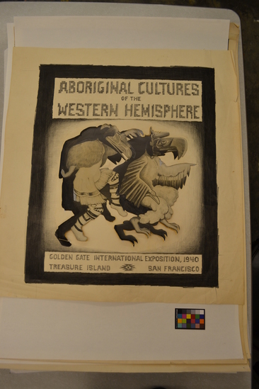 Hearst Museum object titled Collage, accession number 17-758, described as Original photographic collage with pencil and ink drawing of Northwest Coast Indian dancers produced for front cover of publication "Aboriginal Cultures of the Western Hemisphere" GGIE. Related drawing/photo collages: 17-757 and 17-758