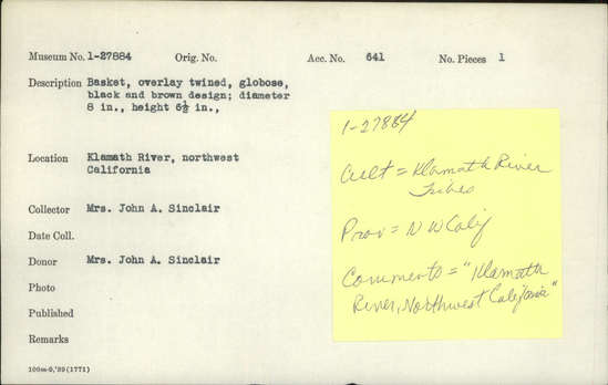 Documentation associated with Hearst Museum object titled Basket, accession number 1-27884, described as Overlay twined, globose, black and brown; design.  Tag "Klamath R. Tribes att.". Per Ralph Shanks:  Twined globular basket, made for sale.  Crossed warp starting knot.  The warp material is probably willow. The weft background material is conifer root.  The weft overlay background is beargrass, with red dyed woodwardia and maidenhair fern overlay designs.  The entire base is done in three strand twining. Plain twining continues to the rim, which is trimmed.  The main design is undulating stacked triangles, with six T shapes interspersed throughout.  The workface is on the exterior.  The overlay is single sided, on the exterior.  The basket has a rightward work direction, with up to the right slant of weft twist.  The basket is from Northwest California.