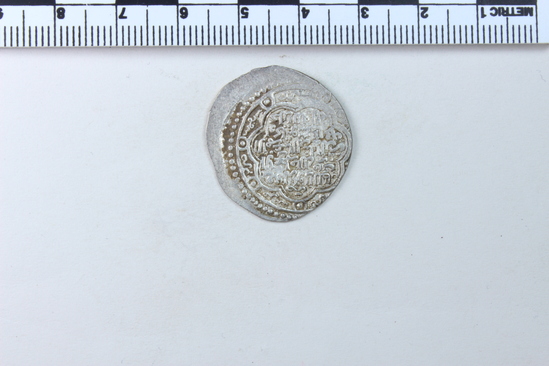 Hearst Museum object 3 of 6 titled Coin: ar double dirhem, accession number 9-7164, described as Silver coin, Double Dirhem, 3.88 gm (Ghazan-Uljaitu II weight standard)