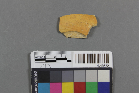 Hearst Museum object titled Potsherd, accession number 9-19522, described as Sherd, exterior is decorated with engraved lines; 4cm