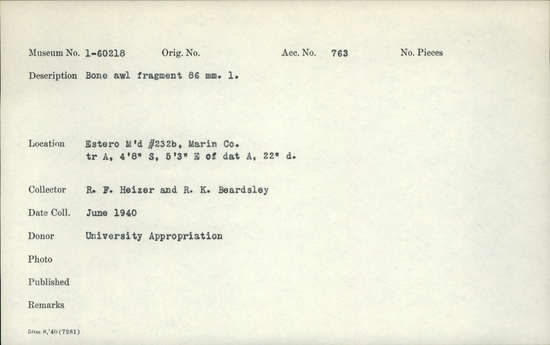 Documentation associated with Hearst Museum object titled Awl fragment, accession number 1-60218, described as Bone. Notice: Image restricted due to its potentially sensitive nature. Contact Museum to request access.