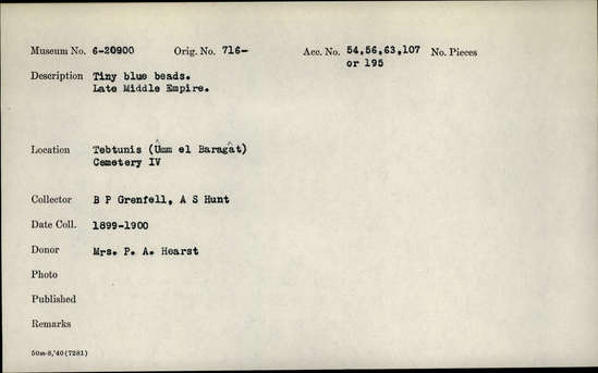 Documentation associated with Hearst Museum object titled Beads, accession number 6-20900, described as tiny blue beads. Late Middle Empire