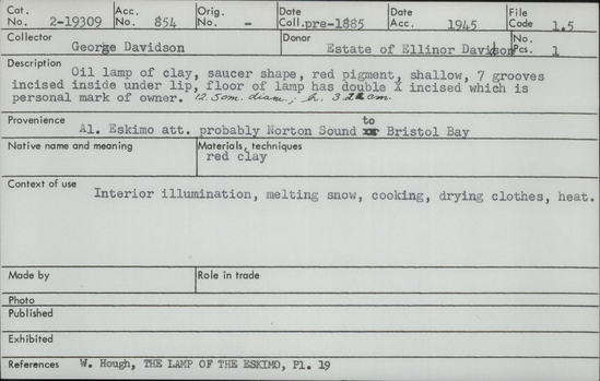 Documentation associated with Hearst Museum object titled Oil lamp, accession number 2-19309, described as Oil lamp of clay, saucer shape, red pigment, shallow, 7 grooves incised inside under lip, floor of lamp has double X incised which is personal mark of owner.