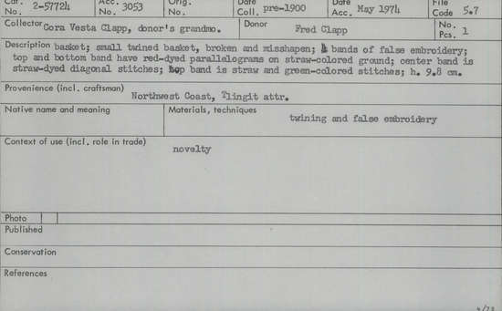 Documentation associated with Hearst Museum object titled Basket, accession number 2-57724, described as Small, twined, broken and misshapen. 4 bands of false embroidery, top and bottom band have red-dyed parallelograms on straw-colored ground; center band is straw-dyed diagonal stitches; top band is straw and green-colored stitches.
