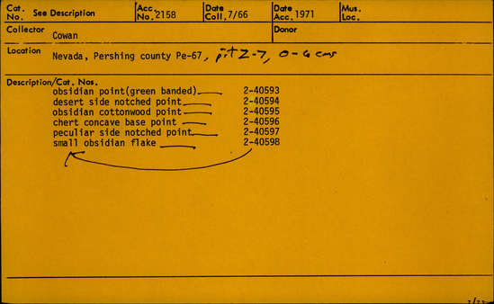 Documentation associated with Hearst Museum object titled Point, accession number 2-40596, described as Chert concave-base point