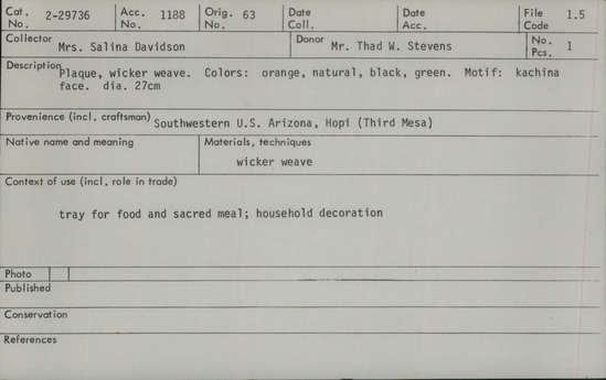 Documentation associated with Hearst Museum object titled Plaque, accession number 2-29736, described as Wicker weave.  Colors:  orange, natural, black, green.  Motif:  katchina face.