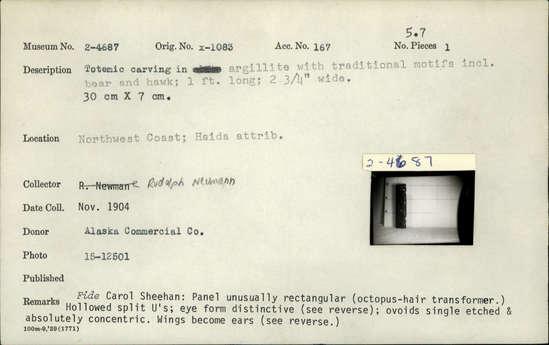 Documentation associated with Hearst Museum object titled Totemic carving, accession number 2-4687, described as In argillite with traditional motifs including bear and hawk.  See back of card for illustrations of design segments.  Fide Carol Sheehan: panel unusually rectangular (octopus-hair transformer).  Hollowed split U's; eye form distinctive; ovoids single etched and absolutely concentric.  Wings become ears.