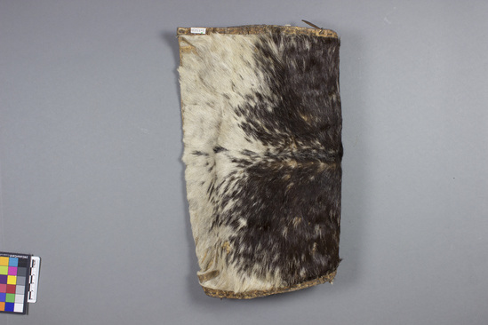 Hearst Museum object titled Bag, accession number 5-13438, described as Goat skin bag; sides sewn together with leather.  White on one side; white and black on the other.  Trapezoidal in shape with a twisted fiber tie.