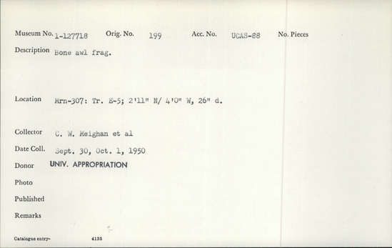 Documentation associated with Hearst Museum object titled Awl fragment, accession number 1-127718, described as Bone awl fragment.