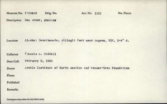 Documentation associated with Hearst Museum object titled Mammal bone, accession number 2-35406, described as Sea otter, phalanx